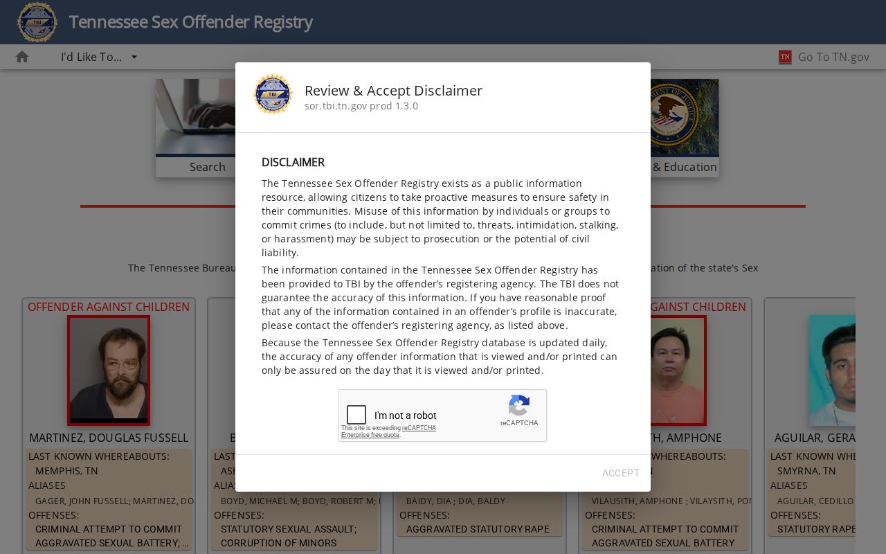 Fentress County sex offender lookup on the TBI registry entry page